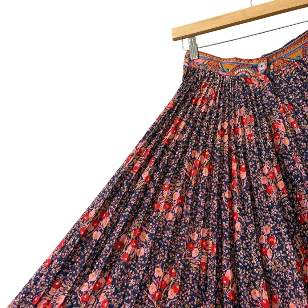 Vintage Elissa of California Blue Pink Pleated Maxi‎ Skirt 60’s 70’s Floral XS